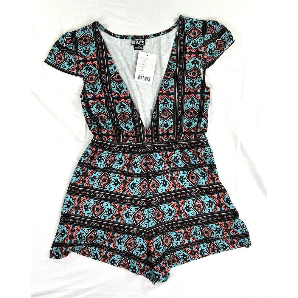 Bohemian Bones Womens XS Romper Turquoise Coral Geometric Tribal Deep V-Neck NEW